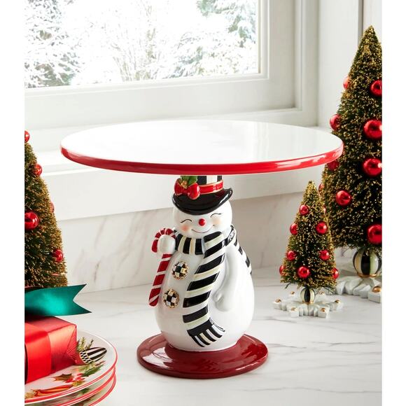 MACKENZIE CHILDS Nostalgia Snowman Pedestal Platter Christmas Holiday NEW - Picture 2 of 6